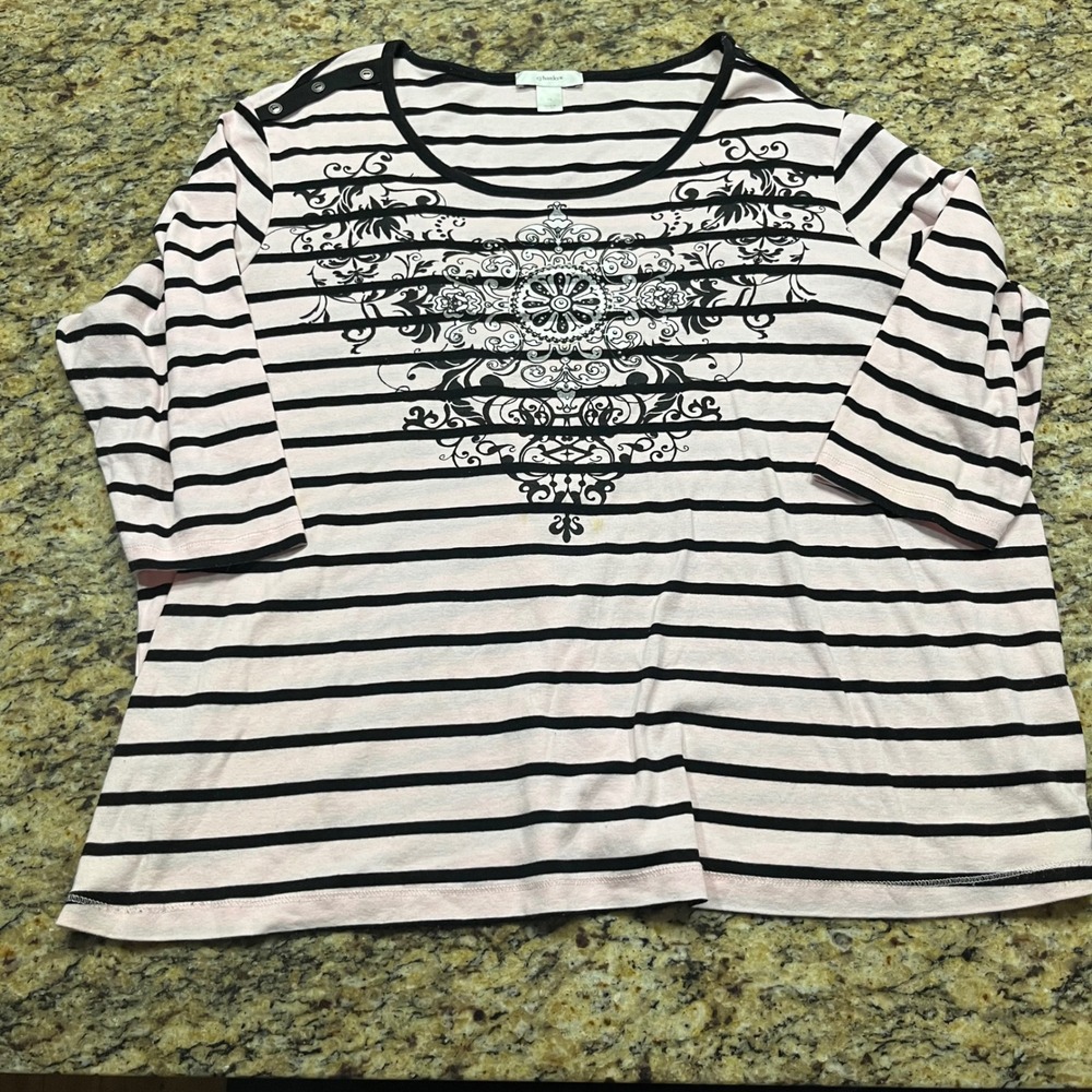 Cj Banks Womens 3X Pink Black Striped Filigree Graphic 3/4 Sleeve Top Plus Size